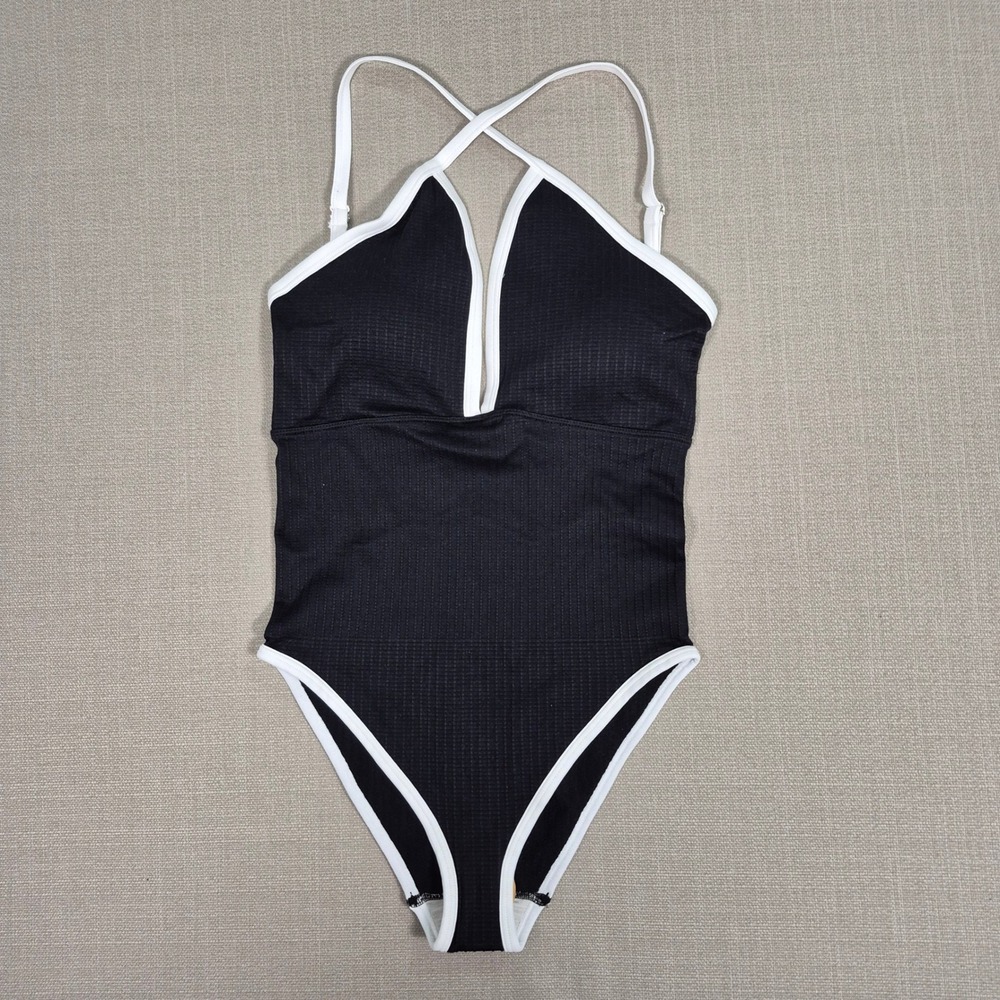 OQQ Women Black Ribbed One Piece Swimsuit White Trim Tummy Control Size M